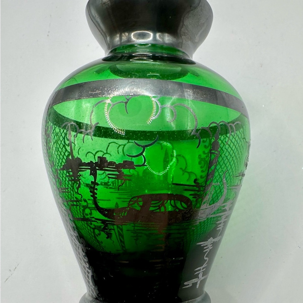 SOLD Green Glass Vase Silver Overlay Hand Painted Venice Scape 4 1/4”H